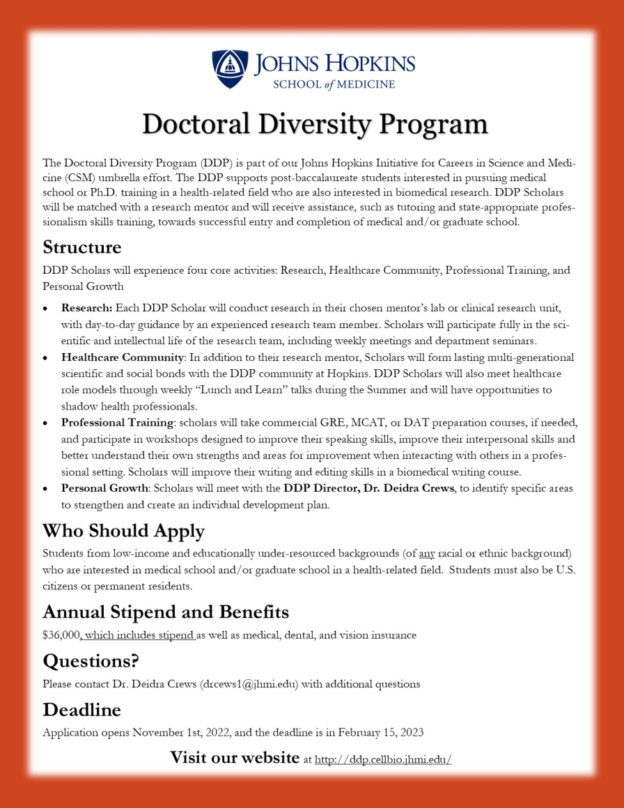 Johns Hopkins School of Medicine Doctoral Diversity Program informational flyer