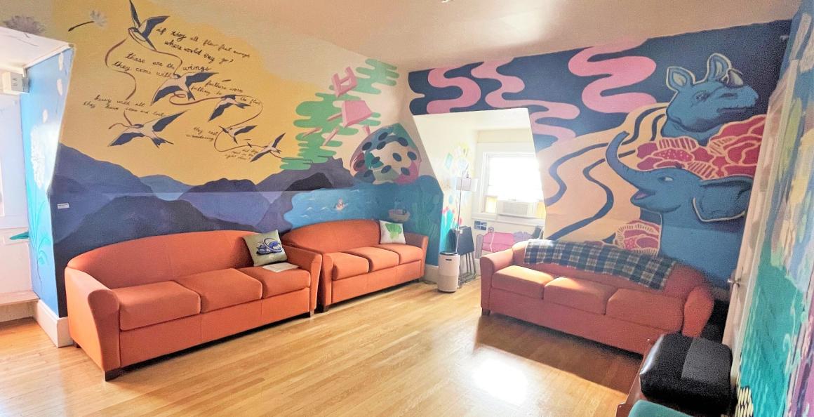 Room covered in colorful murals