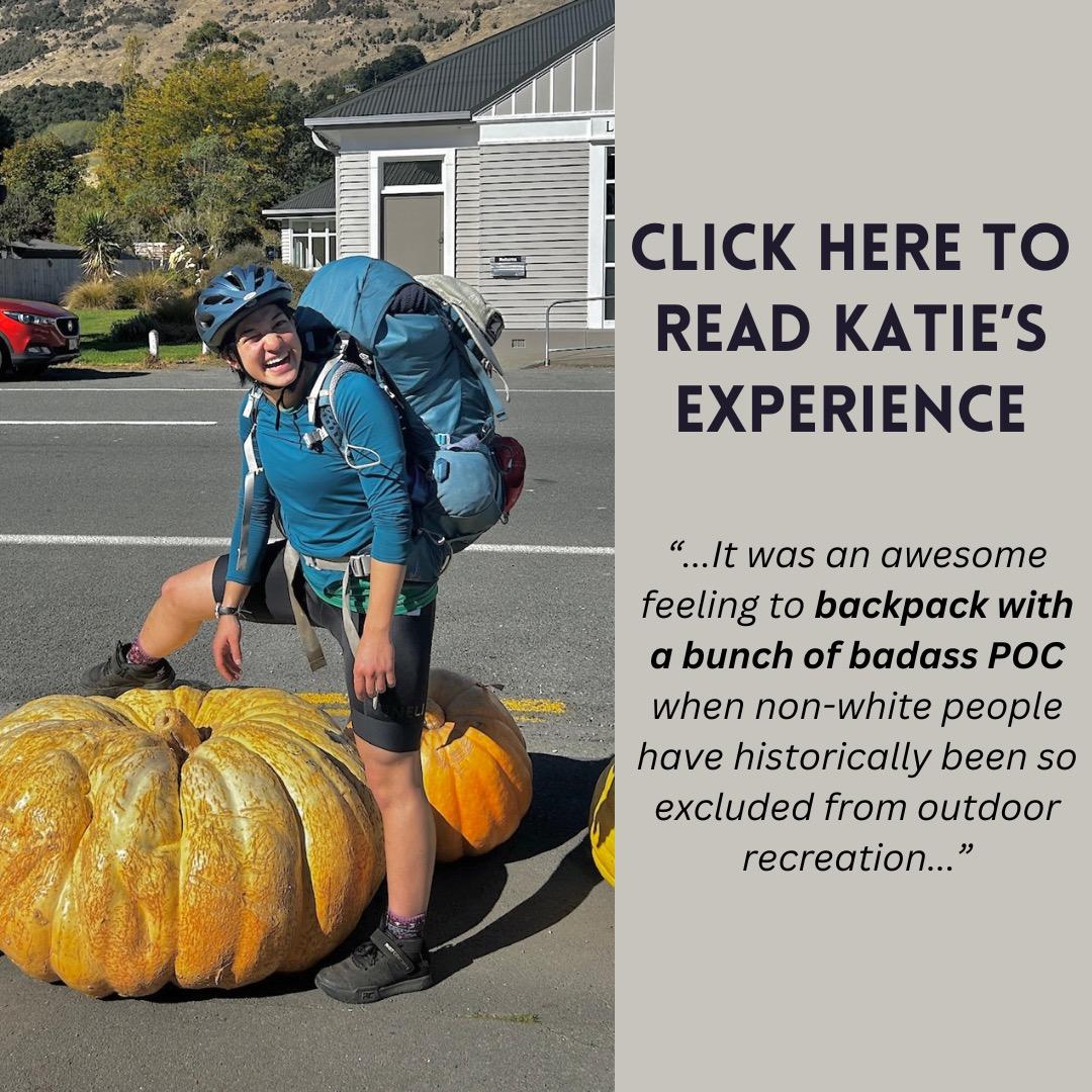 Image of TWO Leader Katie Lew with a backpack and a giant pumpkin with text "It was an awesome feeling to backpack with a bunch of badass POC when non-white people have historically been so excluded from outdoor recreation. Click here to read Katie's experience"