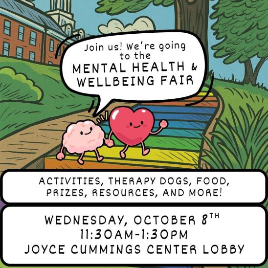 A cartoon brain and heart walking up the Rainbow Steps saying "Join us! We're going to the Mental Health and Wellbeing Fair!"