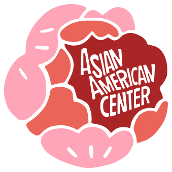 graphic of a pink peony flower with words Asian American Center in the center