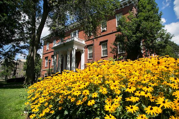 Flowers in front of a Tufts Building