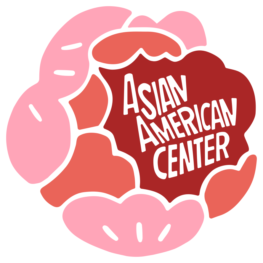 graphic of a pink peony flower with words Asian American Center in the center