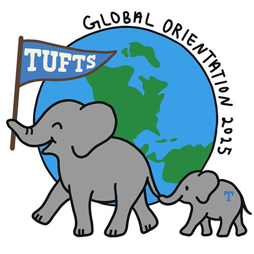 GO logo with two elephants, Tufts flag, and world