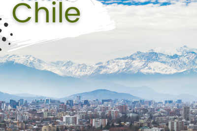 View of downtown Santiago, Chile with Andes Mountains in the background. Text reads Tufts in Chile.