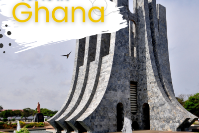 Kwame Nkrumah Memorial Park and Mausoleum with blue sky, green grass, and a bird flying in the sky. Text reads Tufts in Ghana.
