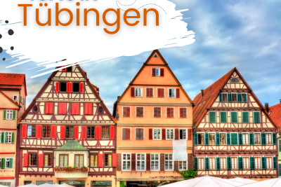 German-style row houses in red, orange, and yellow tones with green details and blue sky in the background. Text reads Tufts in Tubingen.
